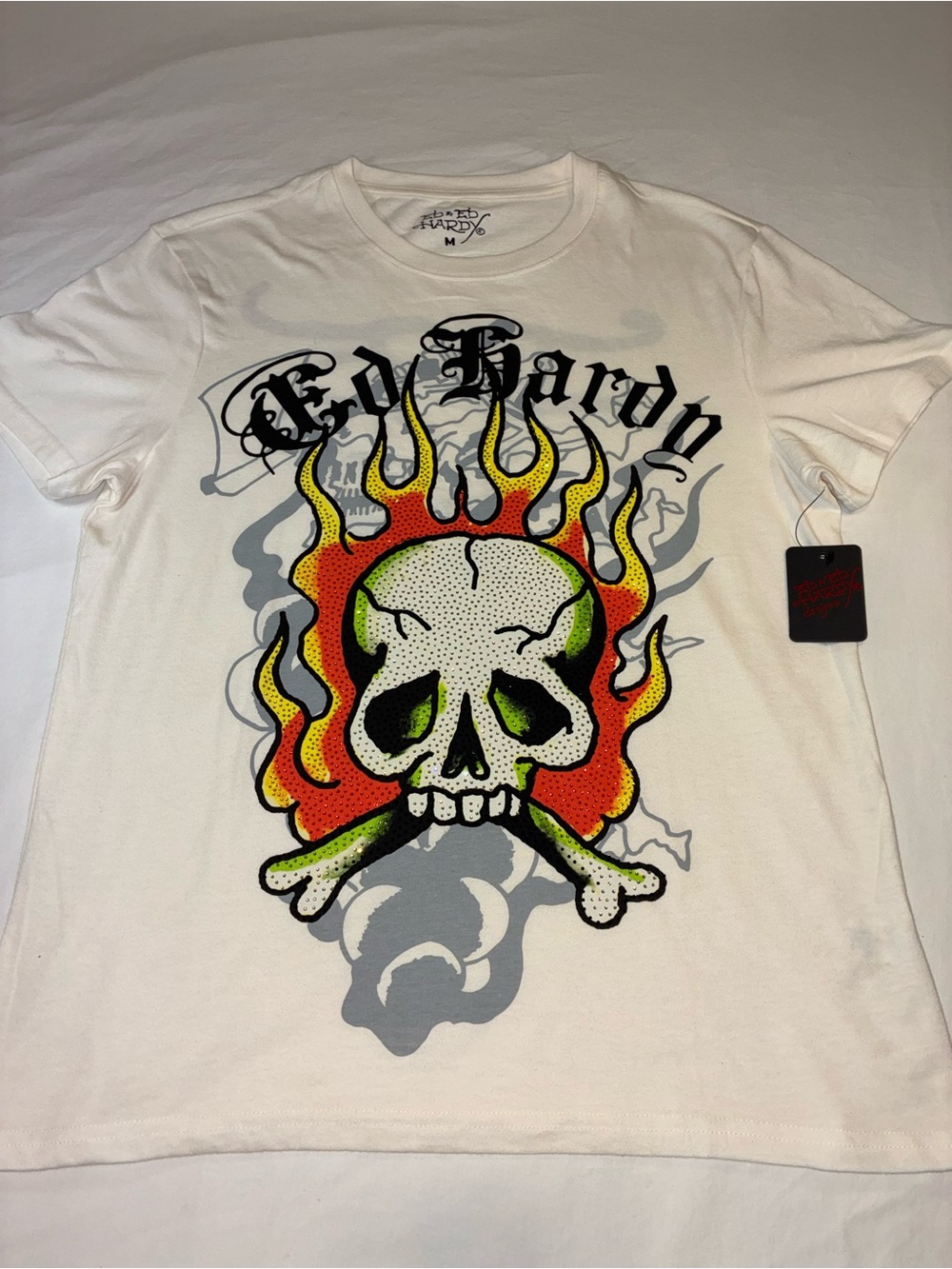 Ed Hardy White Short-Sleeve Bling Skull & Flame Graphic Tee